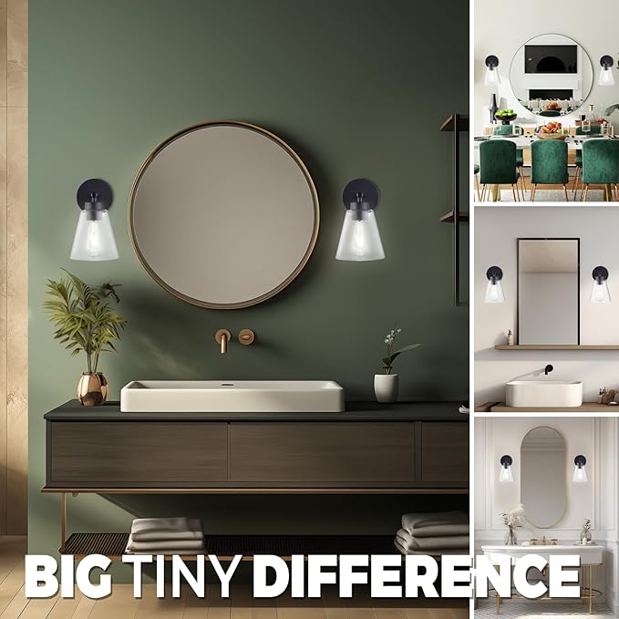 Hamilyeah Black Bathroom Sconces Wall Lighting, Farmhouse Wall Sconces Set of 2, Industrial Black Sconces with Clear Glass Shade for Living Room, Kitchen, Hallway