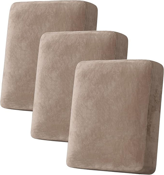 H.VERSAILTEX Velvet Stretch Couch Cushion Cover Plush Cushion Slipcover for Chair Loveseat Sofa Cushion Furniture Protector Seat Cushion Sofa Cover (3 Piece Sofa Cushion Covers, Taupe)