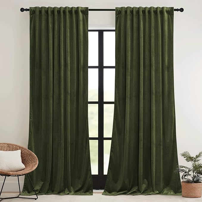 RYB HOME Green Velvet Curtains 96 inch, Solid Room Darkening Window Curtains - Image 2