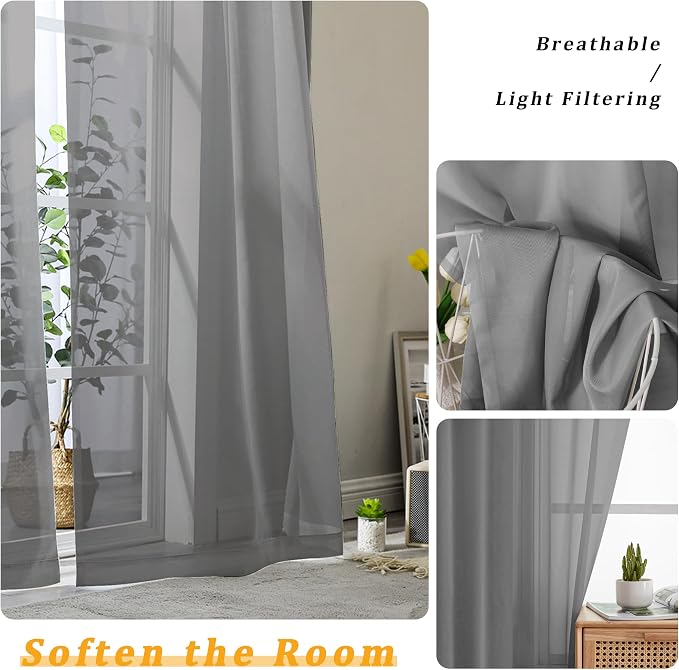 Gwine Charcoal Grey Sheer Curtain Tiers 24 Inch Length, Light Filtering Voile - Image 4