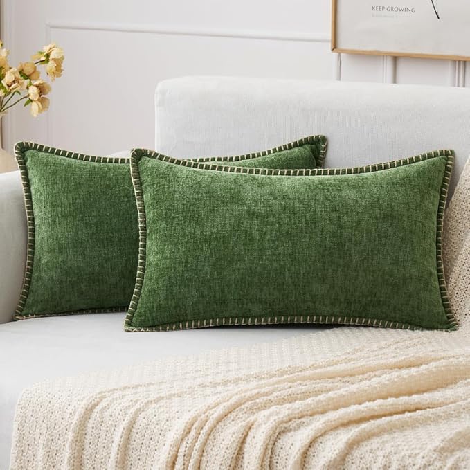 MIULEE Pack of 2 Christmas Pillow Covers 12x20 Inch Moss Green Farmhouse Decorative Throw Pillow Covers with Stitched Edge Soft Chenille Solid Dyed Couch Pillow Covers for Sofa Bed Living Room