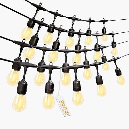 Outdoor Safety String Lights 200FT - 24V 20W Commercial Grade Low Voltage Strand with 80 S14 Shatterproof Bulbs for Tree Garden Yard Cafe Bistro | Warm Yellow 3500K | IP65 Waterproof | UL Listed