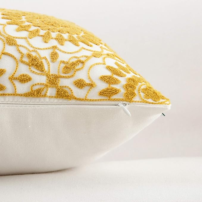 HWY 50 Mustard Yellow Decorative Throw Pillow Covers 18x18 Inch, Pack of 2 Embroidered Cotton Farmhouse Cushion Cover Pillow Case for Sofa Couch Living Room Bed Bedroon, Little Sunflower Design