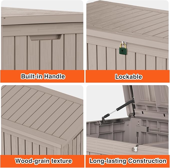 150 Gallon Outdoor Storage Cabinet, Large Outdoor Storage Box for Patio Furniture Covers, Cushion Pillows, Waterproof Deck Box with Lockable Lid for Garden Tools, Pool Accessories, Taupe