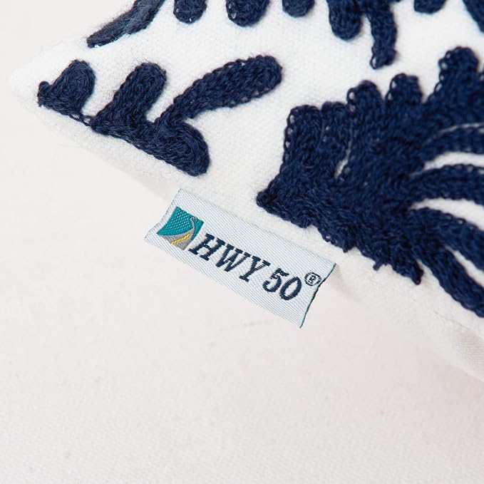 HWY 50 Navy Blue Decorative Throw Pillow Covers 18x18 Inch, Pack of 2 Embroidered Cotton Farmhouse Cushion Cover Pillow Case for Sofa Couch Living Room Bed Bedroon, Accent Branches