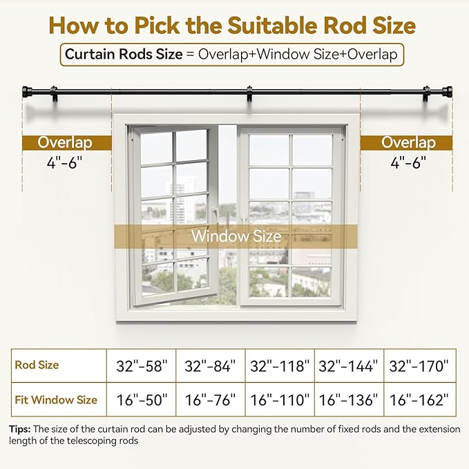 YaFex Curtain Rods 32-170 Inch, Heavy Duty 1 Inch Adjustable Curtain Rod - Image 7