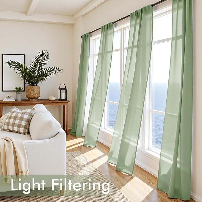 MIULEE Sage Green Sheer Curtains 108 Inches Long, 4 Panels Set, Light Filtering - Image 4