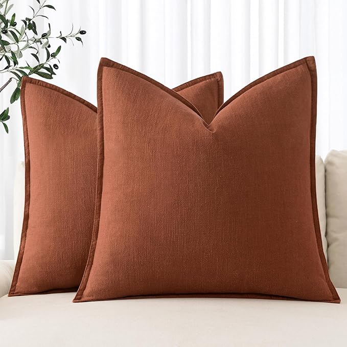 MIULEE Decorative Linen Euro Sham Pillow Covers 24x24 Rust | Boho Farmhouse​ by MIULEE