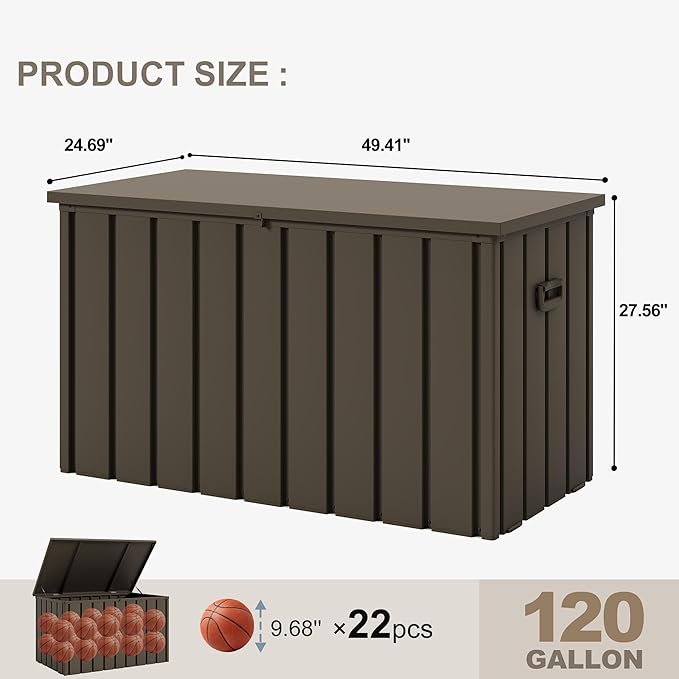 PURPLE LEAF Outdoor Deck Box 120 Gallon Waterproof Lockable Storage Box Container with Lid Deck Organization for Patio Cushions Side Table Pool Accessories Garden Tools, Brown