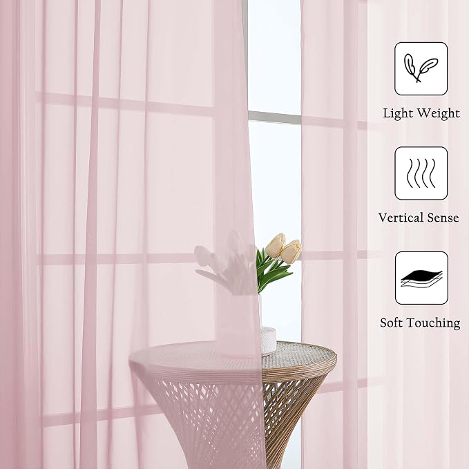 Blush Pink Sheer Curtains 63 Inch Length 2 Panels Set, Rod Pockets Voile - Image 4