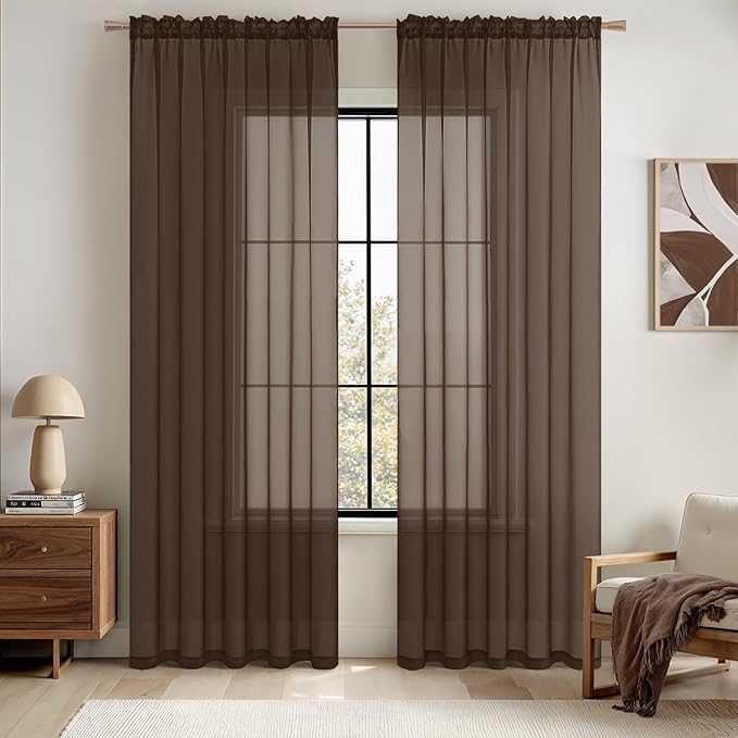 MIULEE Chocolate Brown Sheer Curtains 54 X 108 Inches, 2 Panels | Voile Drapes by MIULEE