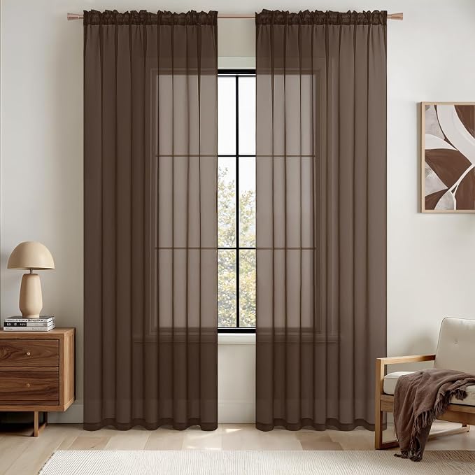 MIULEE Short Chocolate Brown Sheer Curtains 54 Inches Long, Light Filtering by MIULEE