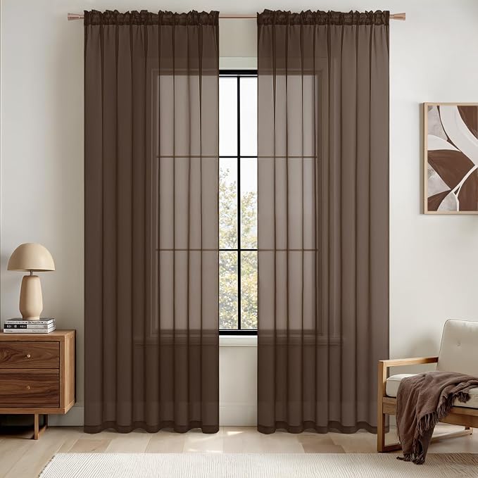 MIULEE Chocolate Brown Sheer Curtains 54 X 96 Inches, 2 Panels | Voile Drapes by MIULEE
