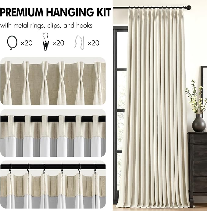 MIULEE Cream Pinch Pleated 100% Blackout Linen Curtains 40x102 Inches | Room - Image 8