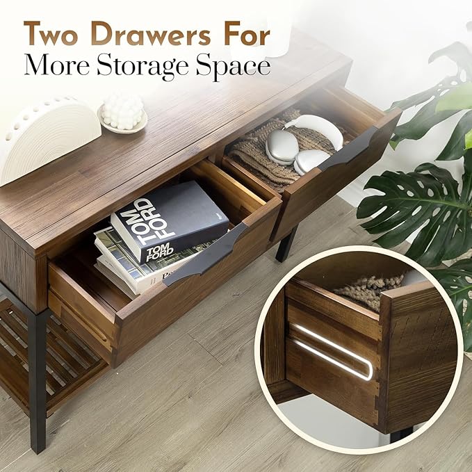 Bme Millie Farmhouse Solid Wood Console Table with 2 Drawers & Storage Shelves, 43" Boho Sofa Table for Entryway, Hallway, Living Room, Rustic Chestnut