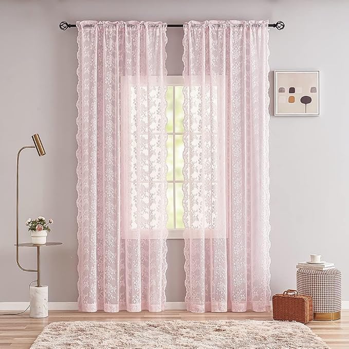YJ YANJUN Vintage Lace Curtains Pink Boho Floral 80 Inch Curtains - Image 3
