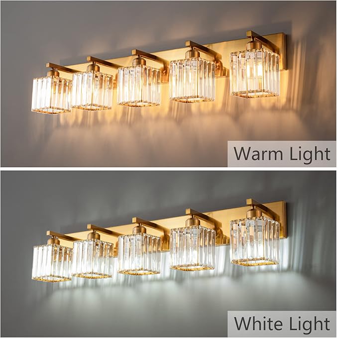 Modern 5-Light Gold Brushed Brass Finish Crystal Wall Light for Bathroom Vanity