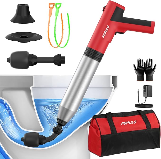 POPULO Electric Toilet Plunger Swift High Pressure Drain Unclogger Plungers for Bathroom, Floors, Shower Heavy Duty Versatile Home Toilet Clog Remover