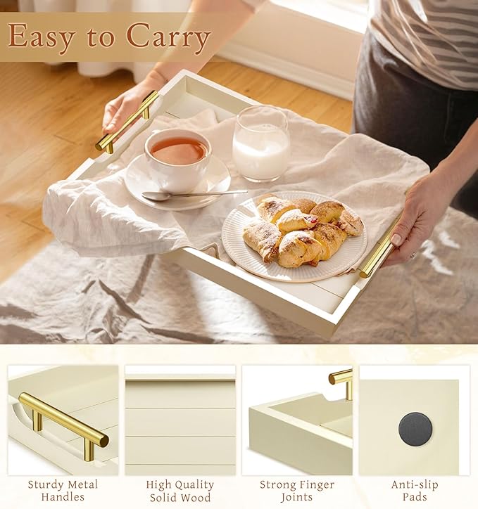Coffee Table Tray - Large Ottoman Tray for Living Room - Wood Serving Trays with Handles(2 Sets) - Wooden Trays for Coffee Table, 4 Round Coasters Included, Off-White