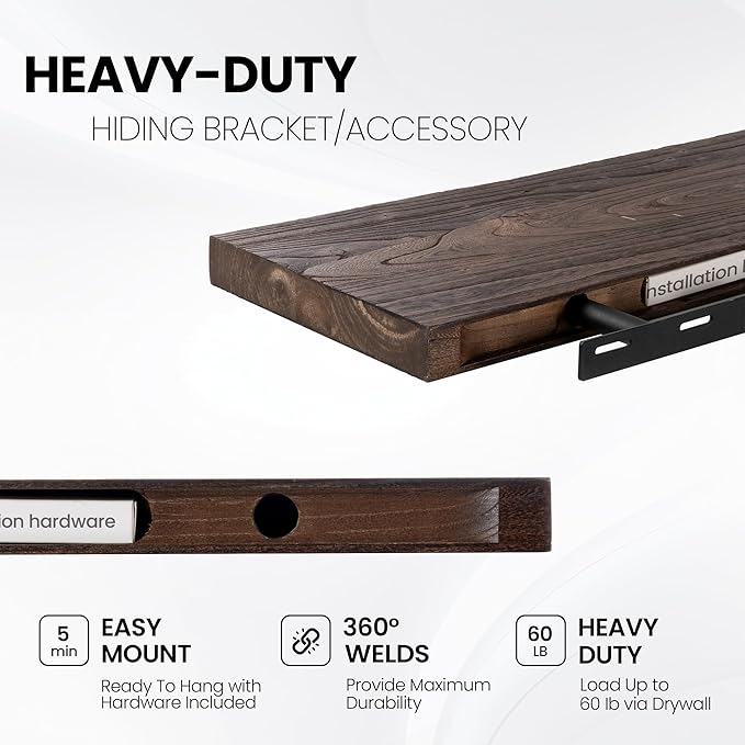 Fun Memories Floating Shelves for Wall, 36"x9.3" Rustic Solid Elm Wood Shelves, Heavy-Duty Wall Mounted Shelves with Invisible Brackets, Set of 2 for Living Room, Bedroom, Kitchen, Walnut Finish
