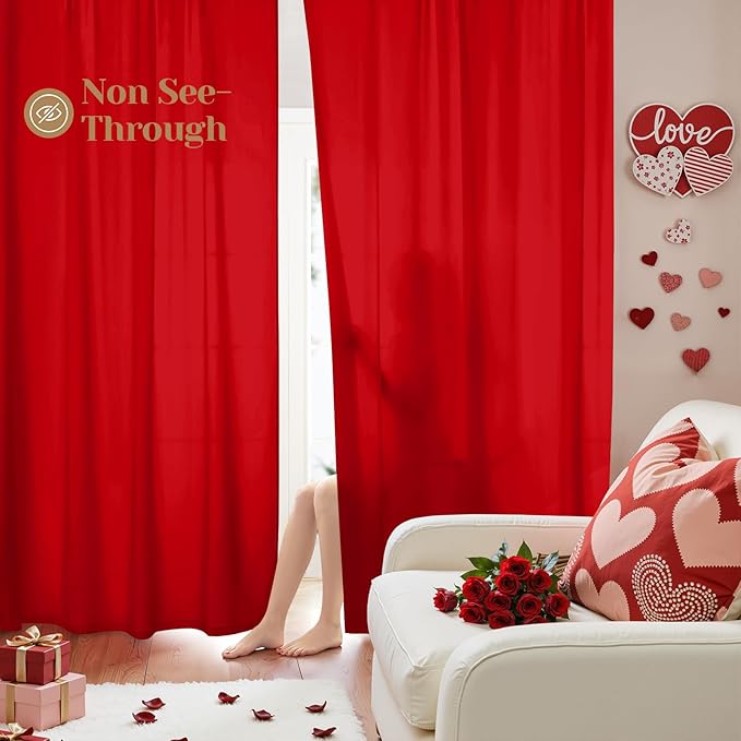 HOMEIDEAS Christmas Non-See-Through Red Privacy Sheer Curtains, 52 X 72 Inches by HOMEIDEAS