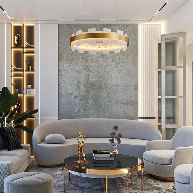 20" Natural Spanish Alabaster Round Chandelier, Adjustable Large Chandeliers for Living Room Over Table, Modern Luxury Alabaster Stone Chandelier for Drawing Room, Bedroom, Hallway, Foyer
