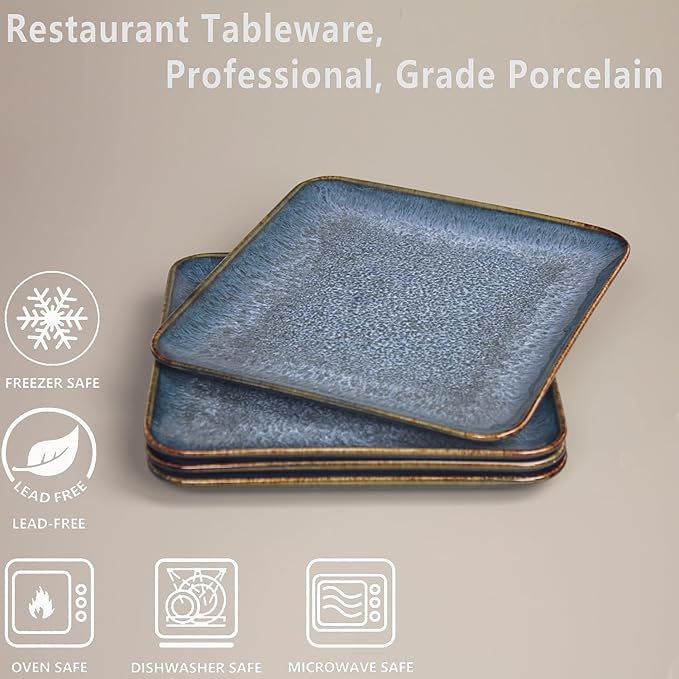 Porcelain Dinner Plates set dessert salad dish Set of 4, Main Dish for Steak, Bread, Pasta, Salad, Microwave Oven and Dishwasher Safe, Scratch Resistant Reusable 7.5 INCH Square