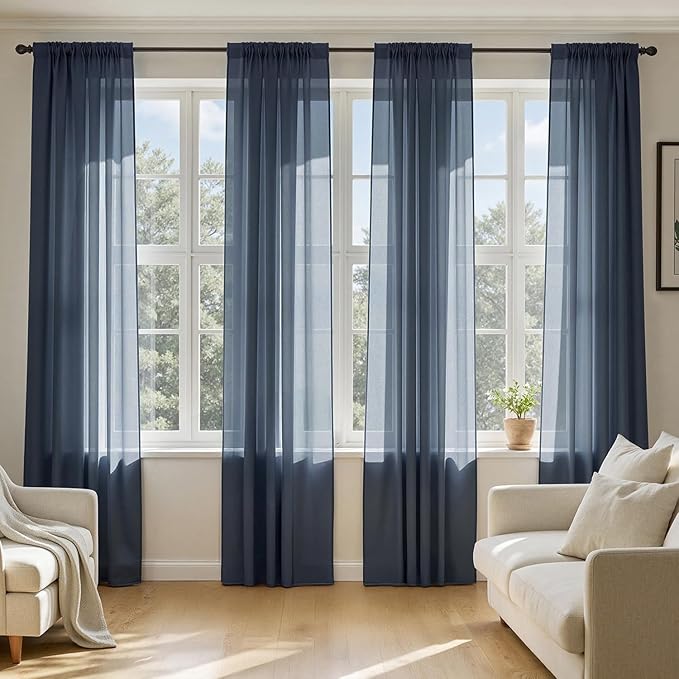 MIULEE Navy Blue Sheer Curtains 90 Inches Long 4 Panels 54 x 90 Inches | Light by MIULEE