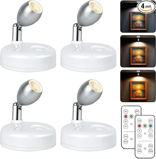 4 Pack Wireless Spot Lights Indoor, Battery Operated Uplighting, Mini Spotlight with Remote 3CCT Tree Lights Indoor, Accent Wall Lights for Display Plant Picture Dartboard