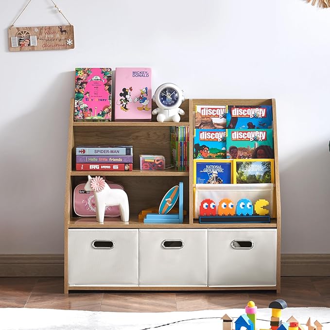 Kids Bookshelf, Kids Toy Storage Organizer with Storage Bins, Wooden Bookshelf and Book Display Shelf for Bedroom, Playroom, Nursery, Classroom, Teak Color