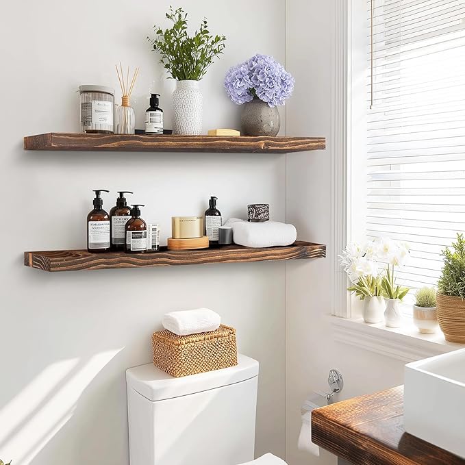 36"x6.8"x1.2" Solid Wood Floating Shelves 2-Pack - Rustic Brown Finish with Hidden Brackets, Perfect for Storage and Décor in Living Room, Kitchen, Bedroom