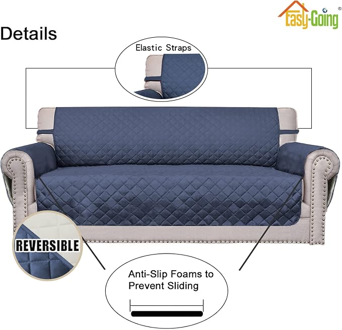 Easy-Going Reversible Couch Cover, Small Chair, Dark Blue/Ivory | Machine - Image 3