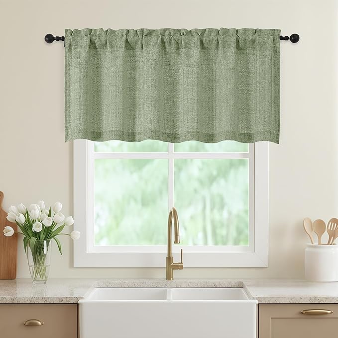 Sage Green Valances for Windows, Light Filtering Faux Linen Textured Small by WelvetBLK