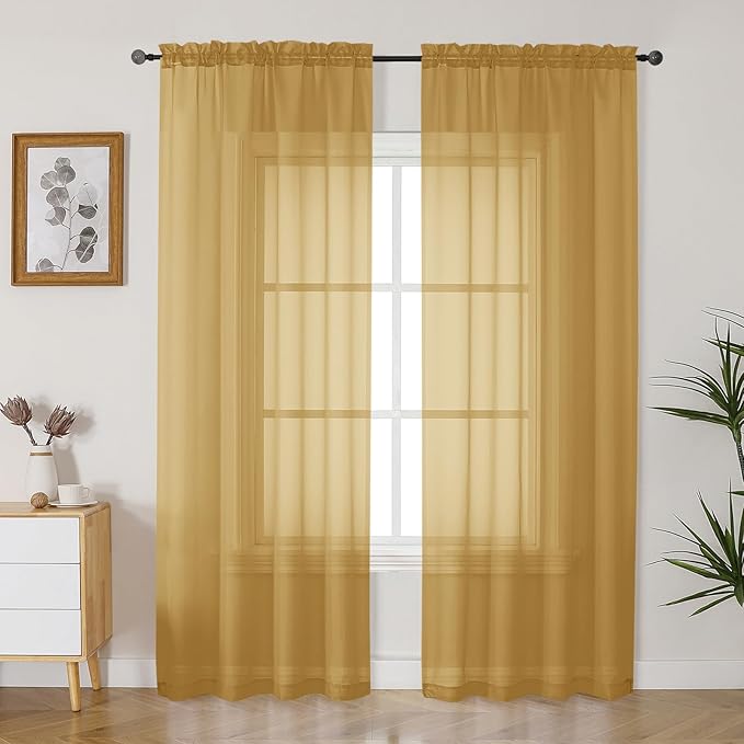 Gwine Gold Sheer Curtains 84 Inches Long 2 Panels Set by Gwine