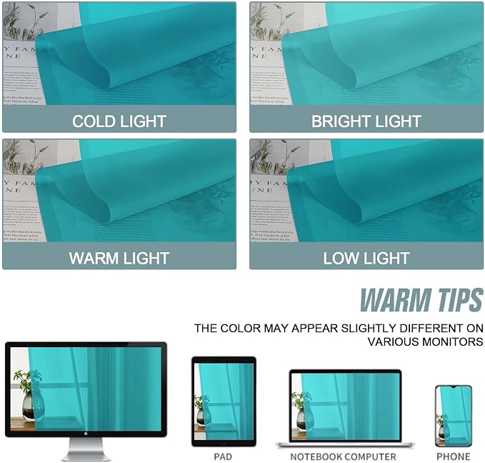 Turquoise Window Sheer Curtains 45 Inches Length, Voile Short Curtains - Image 6
