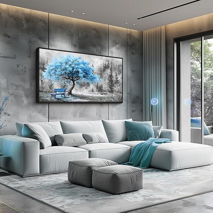 ZUITINGHUA Black Framed Canvas Wall Art For Living Room Wall Decor For Bedroom Office Wall Decoration Blue Tree Landscape Painting Black And White Picture Artwork Room Aesthetic Home Decor 20x40 In