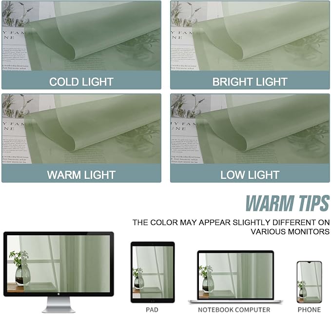 Sage Green Window Sheer Curtains 45 Inches Length, Voile Short Curtains - Image 6