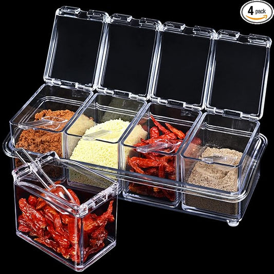 4 PCS Seasoning Box, Clear Spice Containers with Spoon, Acrylic Toppings Containers with Lids, Kitchen Multi Spice Box for Salt, Sugar, Pepper, Garlic Powder