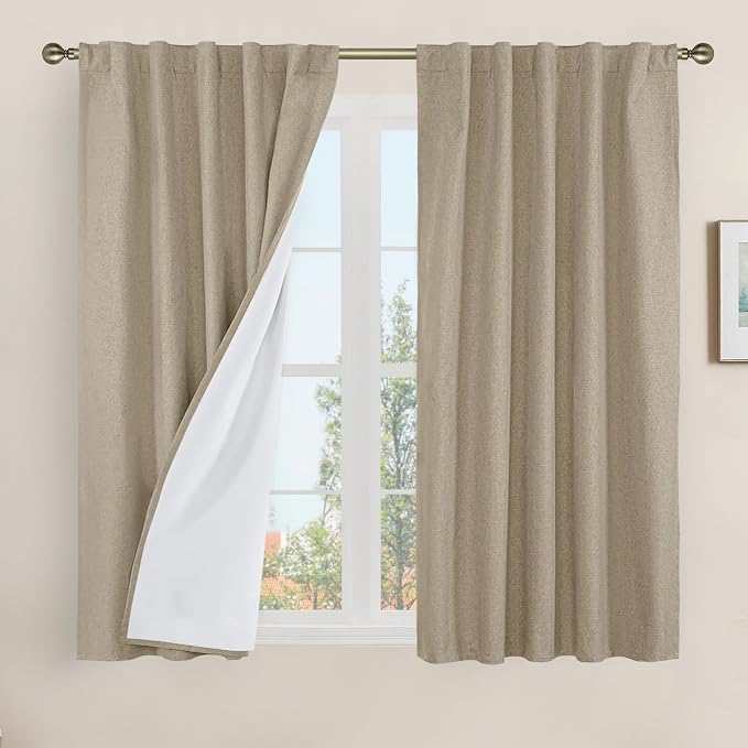 Natural 100% Blackout Linen Curtains 54 Inches 2 Panels, 42 x 54 Inch | Privacy by LAMIT