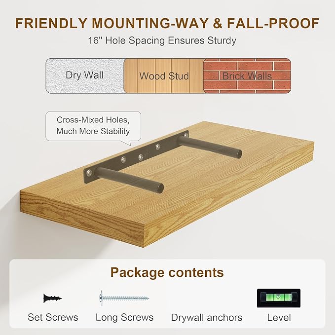 Fun Memories Floating Shelves for Wall, 8 Inch Deep Floating Wall Shelf, 16" x 8" Floating Shelves - Set of 2, Rustic Wooden Storage Shelves for Bathroom, Living Room, Kitchen