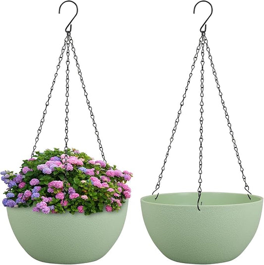 10 inch Hanging Planters Plant Pots for Indoor Outdoor Plants, 2 Pack Hanging Flower Pots with Drainage Holes and Chain for Garden Porch, Plastic Hanging Baskets for House Plants, Green