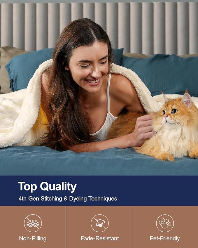 Pawque Super Soft Cozy Throw Blanket Twin Size for Couch Bed, Fluffy Sherpa Fleece Reversible Thick Warm Fuzzy Blanket for All-Season, 3D Checkered Jacquard Decorative Blanket, Cream White, 60" x 80"