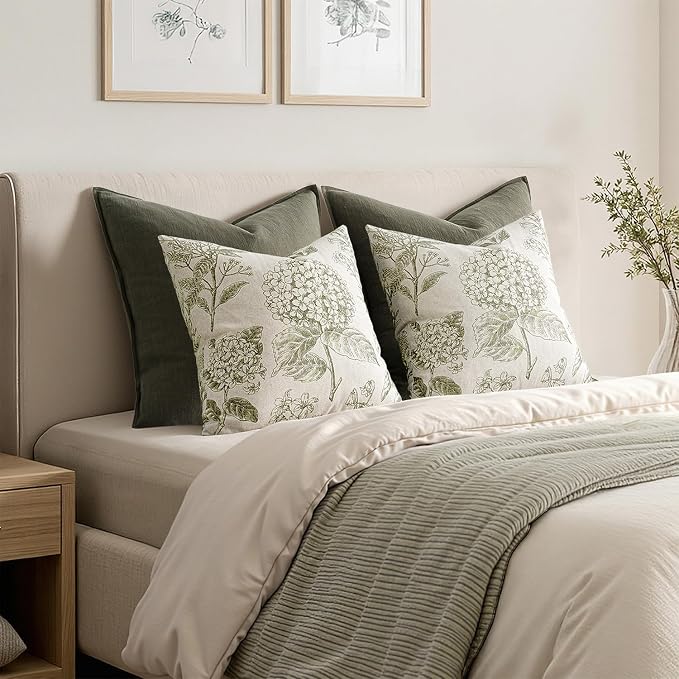 Set of 2 Euro Floral Pillow Covers 24x24 Inch Light Green | Decorative Neutral - Image 6