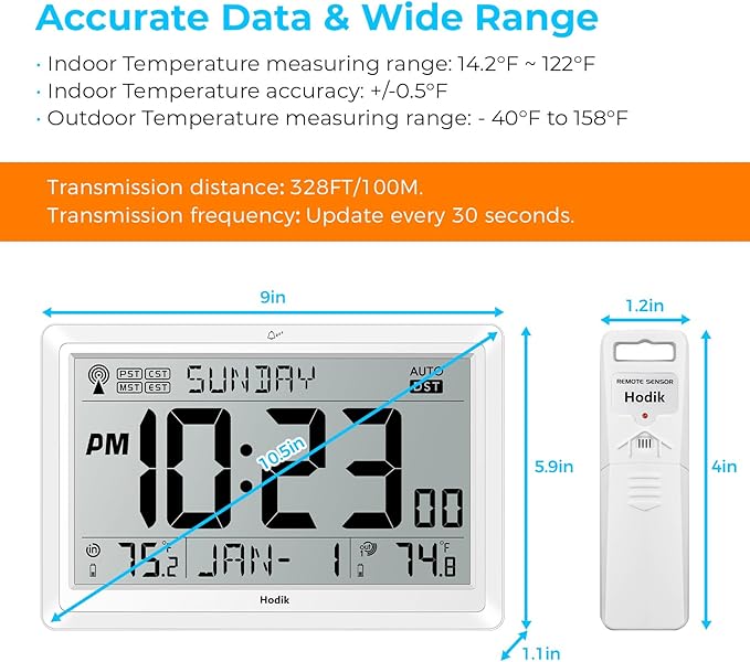 Wall Clock Atomic with Indoor Outdoor Temperature Battery Powered, Easy Reading with 10.5 Inch Large LCD Display, 330FT Range Table Wall Clock with DST, 12/24 Hour for Living Room Kitchen (White)