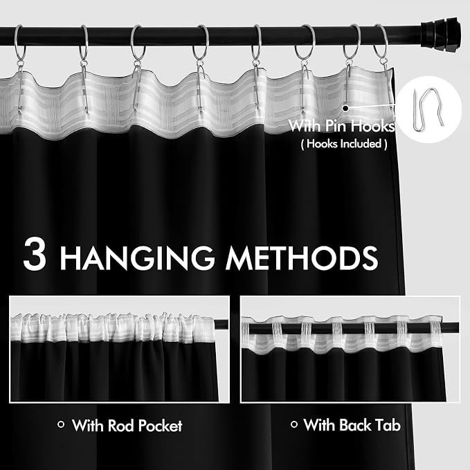 MIULEE Black Back Tab Blackout Curtains 52x72 Inches Long 2 Panels Set | Rod - Image 3
