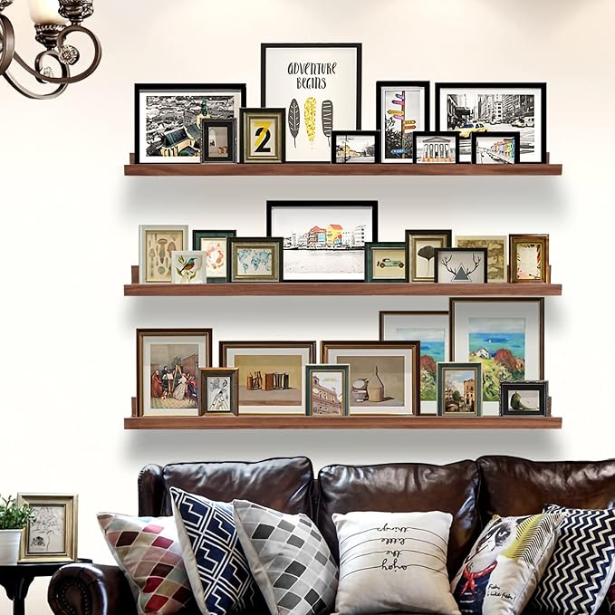 AZSKY 48 Inch Long Floating Shelves Wall Mounted Light Walnut Narrow Photo Picture Ledge Shelves Set of 3 Nursery Book Shelves Photo Frames Display Shelves Kitchen Spice Rack