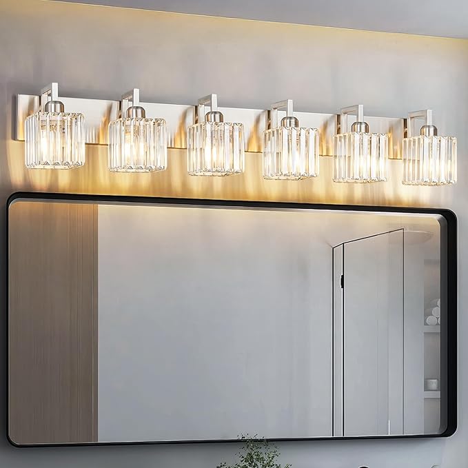 Modern Bathroom Vanity Light 6-Lights Brushed Nickel Vanity Light Crystal Wall Light Bathroom Light Fixtures