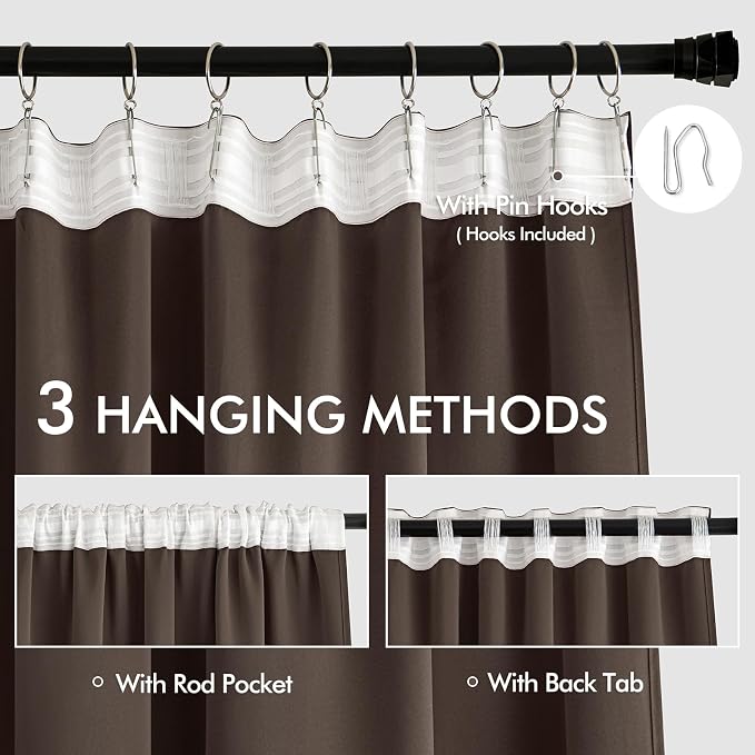 MIULEE Chocolate Brown Back Tab Blackout Curtains 52"x72" Long 2 Panels Set | - Image 3