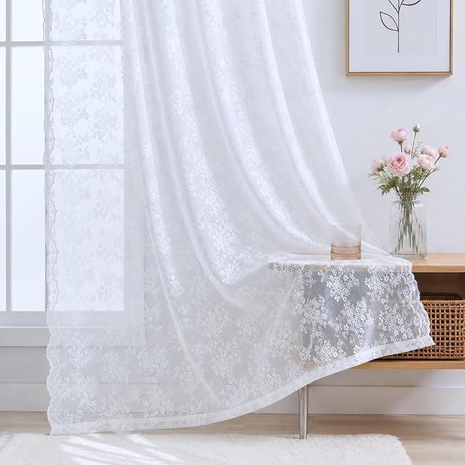 YJ YANJUN Vintage Lace Curtains 84 Inches Long Brilliant White 2 Panels | - Image 3