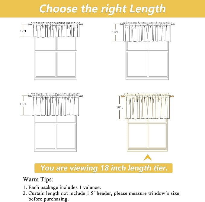 OWENIE Black Valances for Windows 1 Pcs 18 Inch Length, Light Filtering - Image 2